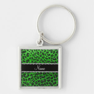 Custom name lime green glitter leopard print keychain