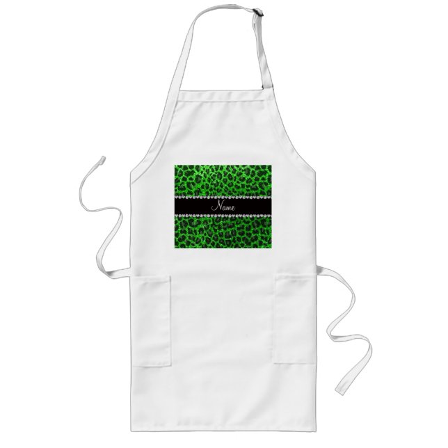 Custom name lime green glitter leopard print long apron (Front)