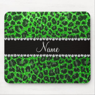 Custom name lime green glitter leopard print mouse pad