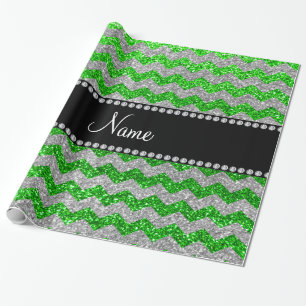 Custom name lime green silver glitter chevrons wrapping paper