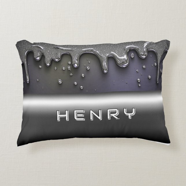 Custom Name Liquid Chrome Drip Luxury Silver Accent Pillow (Front)