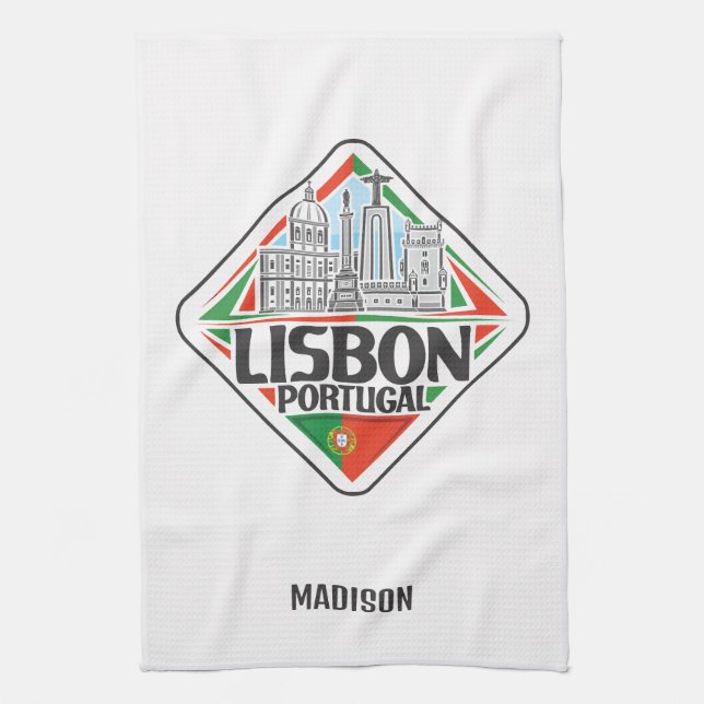 Custom Name Lisbon Portugal Kitchen Towel (Vertical)