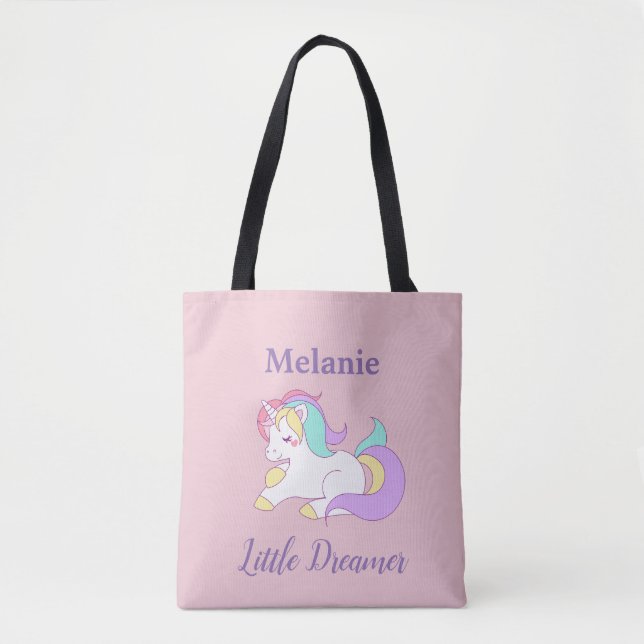 Custom Name Little Dreamer Cute Unicorn Tote Bag (Front)