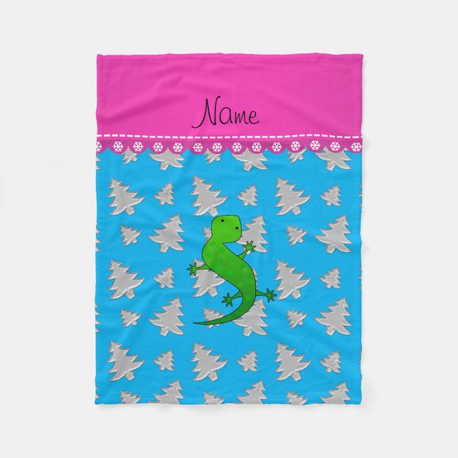 Custom name lizard silver sky blue Christmas trees Fleece Blanket (Front)
