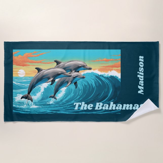 Custom Name & Location Dolphin Beach Towel (Front)