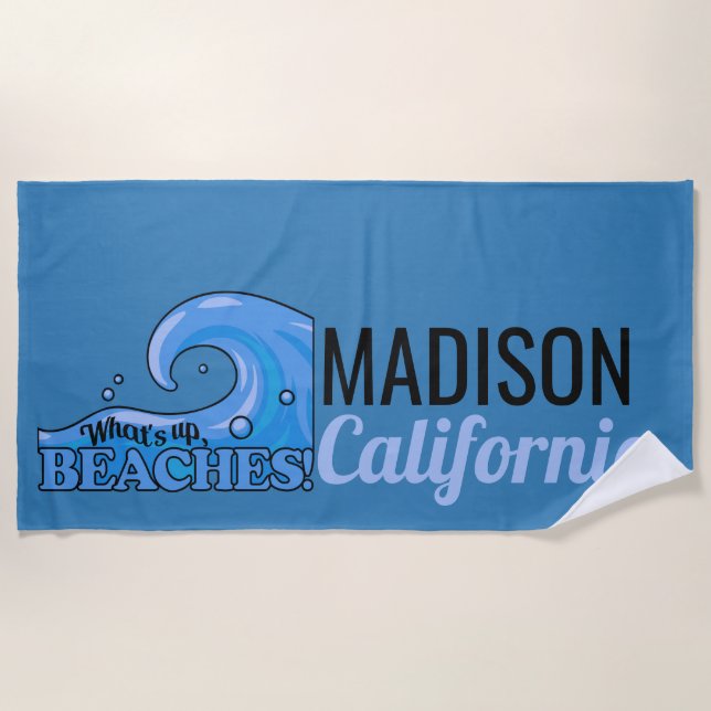 Custom name & location Funny Wave beach towel (Front)