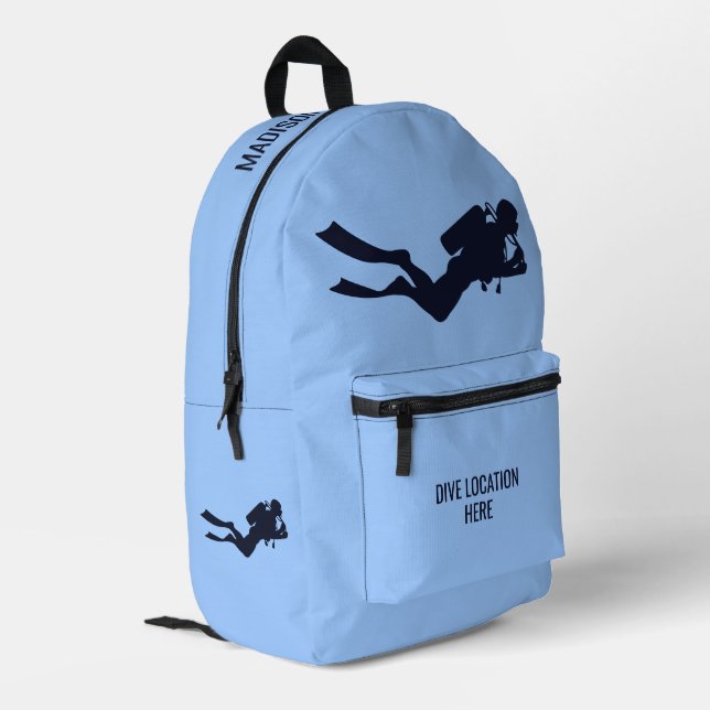 Custom Name & Location Scuba Diver Printed Backpack (Back Corner Left)