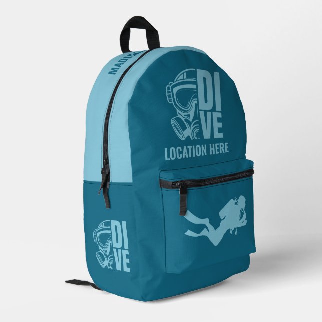 Custom Name & Location Scuba Diving Printed Backpack (Back Corner Left)
