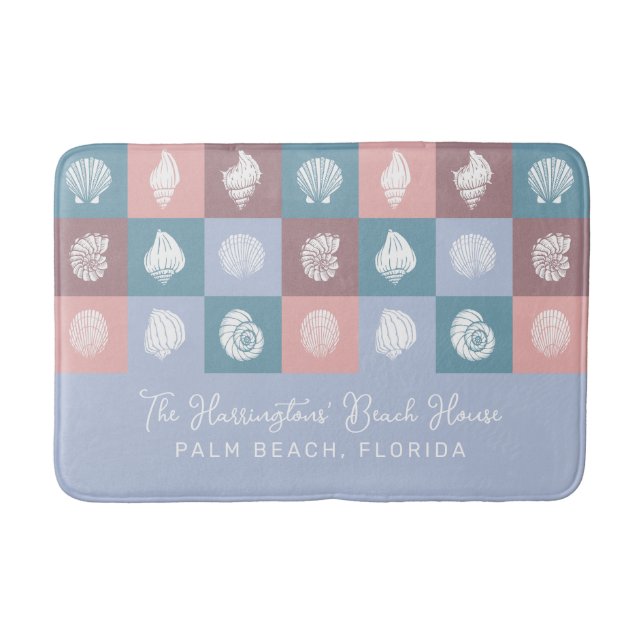 Custom Name & Location Seashells Pattern Bath Mat (Front)