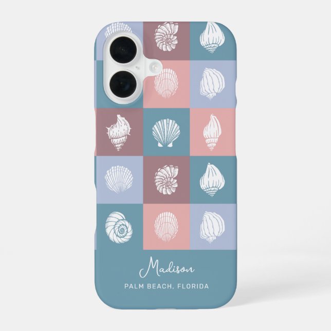 Custom Name & Location Seashells Pattern iPhone 16 Case (Back)