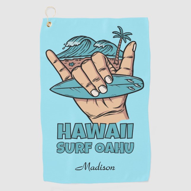 Custom Name & Location Surf Shaka Golf Towel (Front)