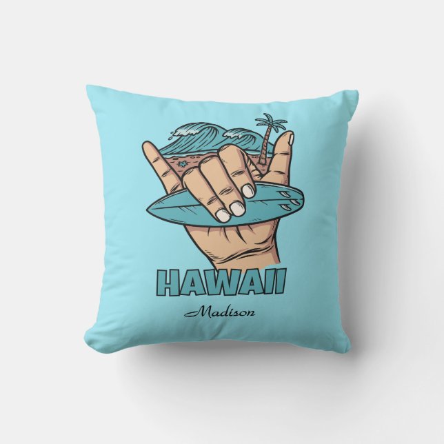 Custom Name & Location Surf Shaka Throw Pillow (Front)