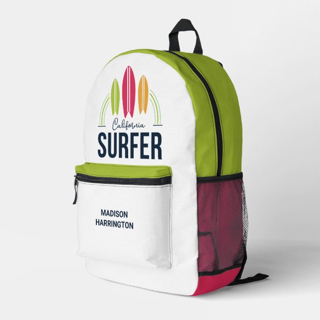Custom Name & Location Surfer Printed Backpack (Back Corner Right)