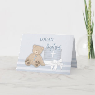 Custom Name, Logan, Blue Baptism Cake Teddy Bear Card