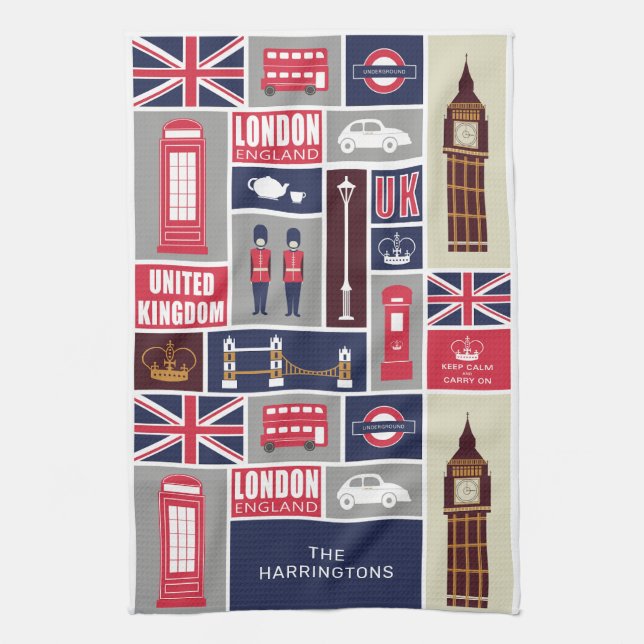Custom Name London UK Icons Kitchen Towel (Vertical)