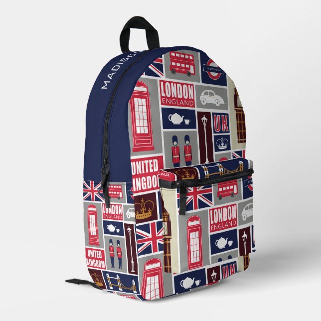 Custom Name London UK Icons Printed Backpack (Back Corner Left)