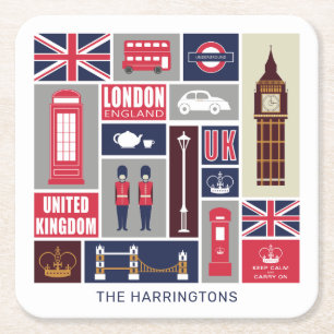 Custom Name London UK Icons Square Paper Coaster