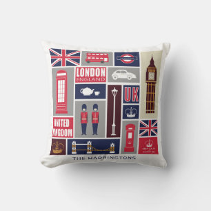 Custom Name London UK Icons Throw Pillow