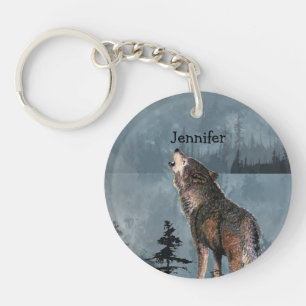 Custom Name Lonely Wolf Howling across Lake Keycha Keychain