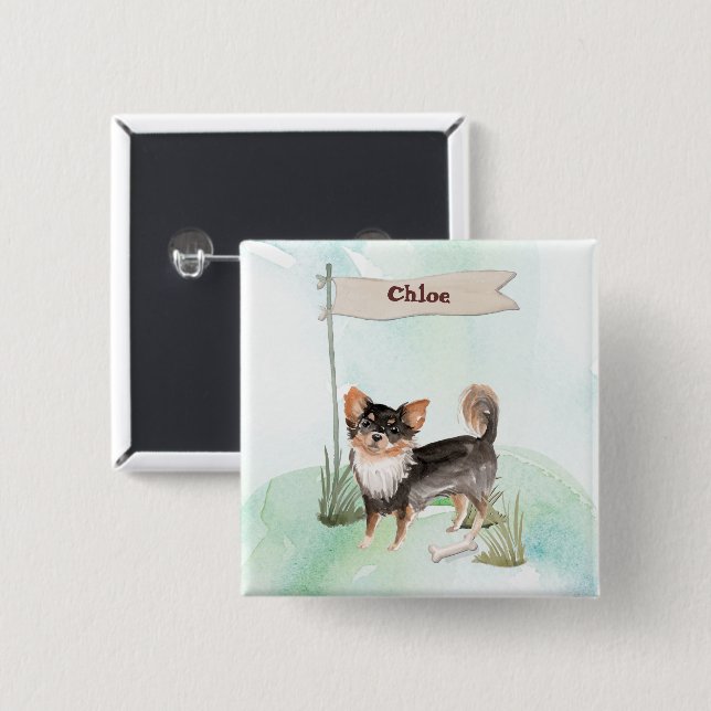 Custom Name Long Haired Chihuahua Pet Dog 2 Inch Square Button (Front & Back)