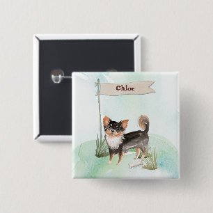Custom Name Long Haired Chihuahua Pet Dog 2 Inch Square Button