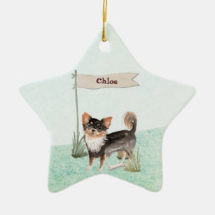 Custom Name Long Haired Chihuahua Pet Dog Ceramic Ornament