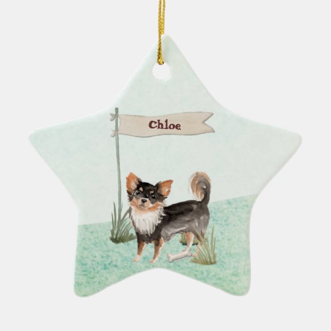 Custom Name Long Haired Chihuahua Pet Dog Ceramic Ornament (Front)