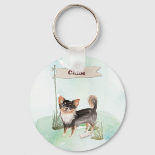 Custom Name Long Haired Chihuahua Pet Dog Keychain