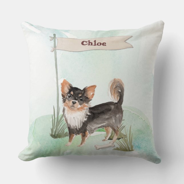 Custom Name Long Haired Chihuahua Pet Dog Throw Pillow (Front)
