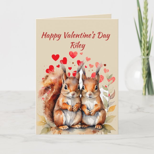 Custom Name Love Cute Squirrels Animal Hearts Holiday Card (Front)