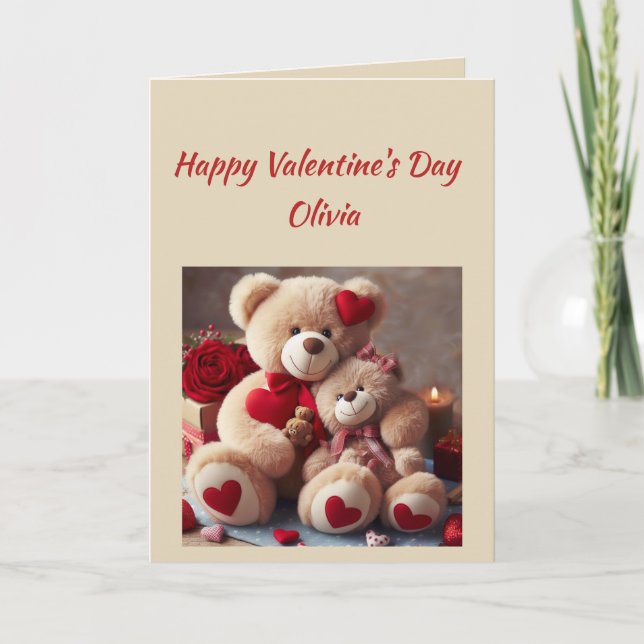 Custom Name Love Cute Teddy Bear Hearts Holiday Card (Front)
