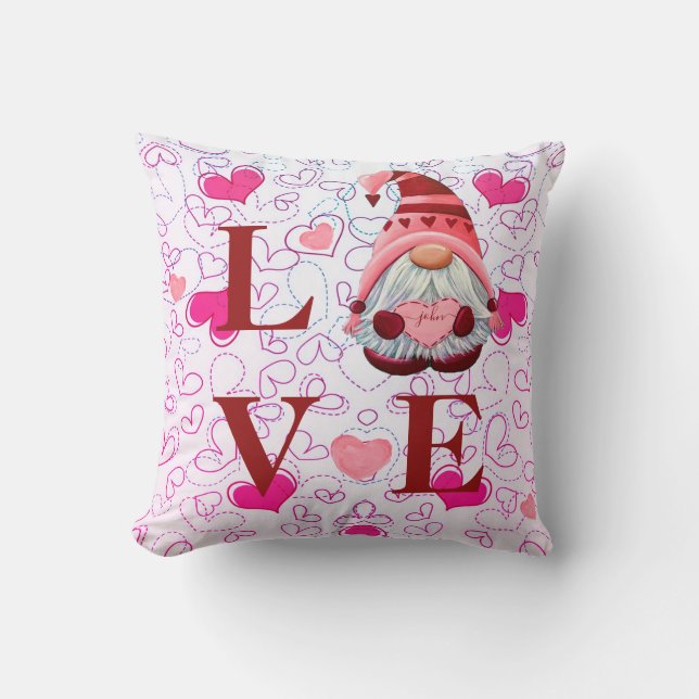 Custom Name LOVE Hearts Gnome Valentines Gift Throw Pillow (Front)