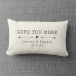 Custom Name Love you More Valentine's Day Newlywed Lumbar Pillow<br><div class="desc">Celebrate your love with this chic and romantic throw pillow featuring the date you met in a charcoal vintage typewriter lettering and script design alongside sweet hand-drawn arrows. Choose your own colour and personalize this custom design with your own names and text. This would make the perfect gift for a...</div>