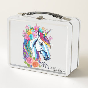 Custom Name Lunchbox, Unique Unicorn Design Floral Metal Lunch Box