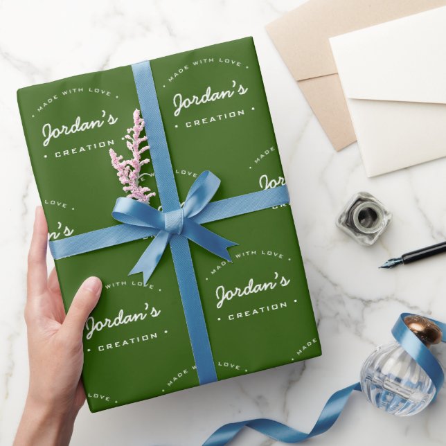 Custom Name Made with Love Green Modern Typography Wrapping Paper (Gifting)