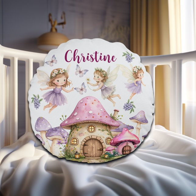 Custom Name Magic Fairies Pink Mushrooms Round Pillow (Creator Uploaded)