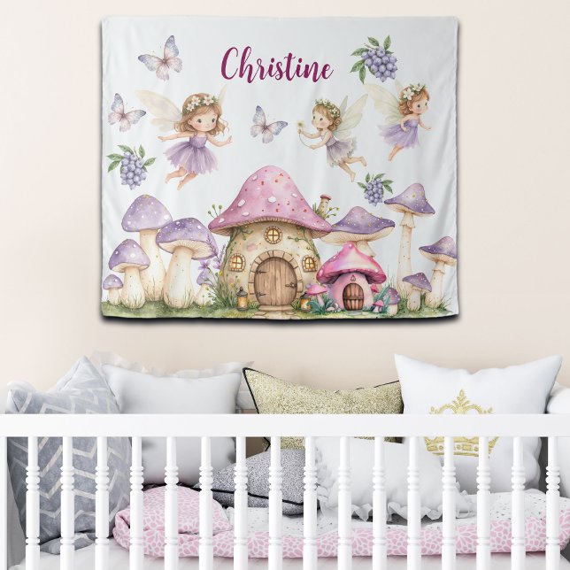Custom Name Magic Fairies Pink Mushrooms Tapestry (Creator Uploaded)