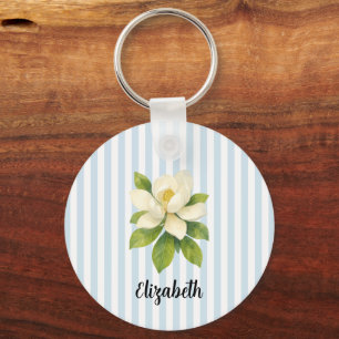 Custom Name Magnolia Painting Nautical Stripe  Keychain