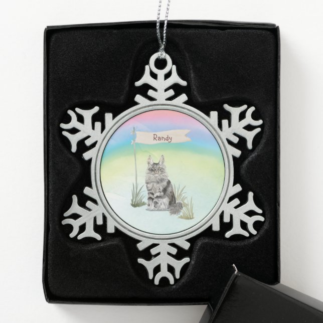 Custom Name Maine Coon Cat Pet Snowflake Pewter Christmas Ornament (Box)