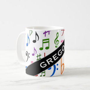 Custom Name; Many Colourful Music Notes and Coffee Mug