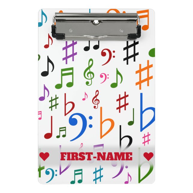 Custom Name; Many Colourful Music Notes and Symbol Mini Clipboard (Front)