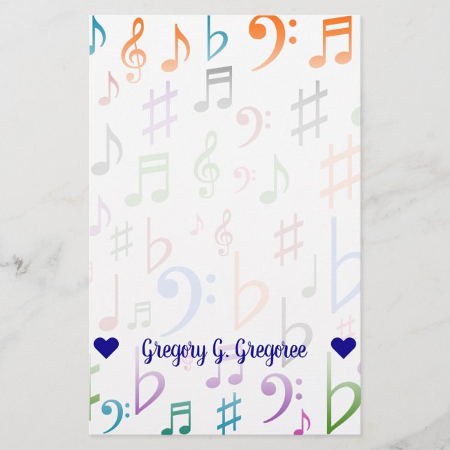 Custom Name; Many Colourful Music Notes and Symbol Stationery (Front)