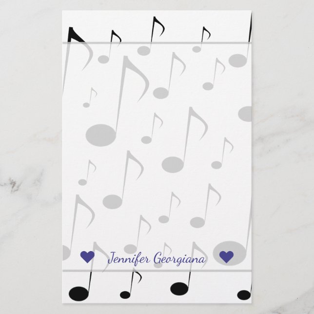 Custom Name + Many Musical Notes Pattern Stationery (Front)
