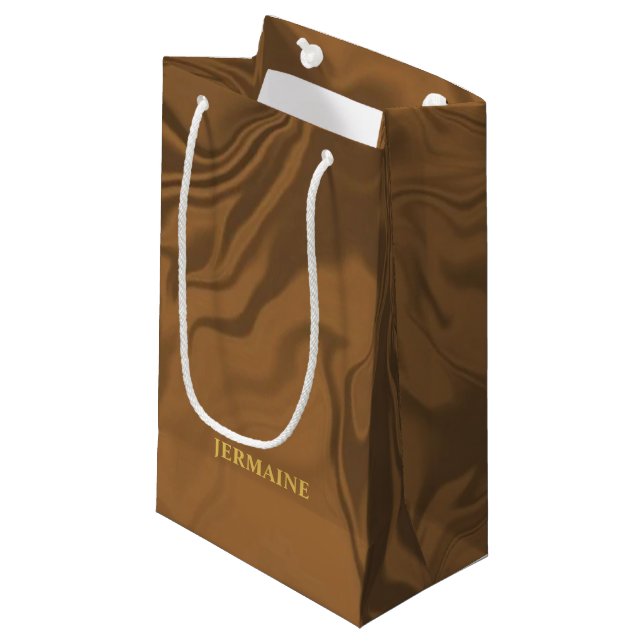 Custom name marble brown texture small gift bag (Front Angled)