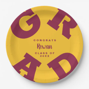 Custom Name Maroon and Gold Graduation Paper Plate