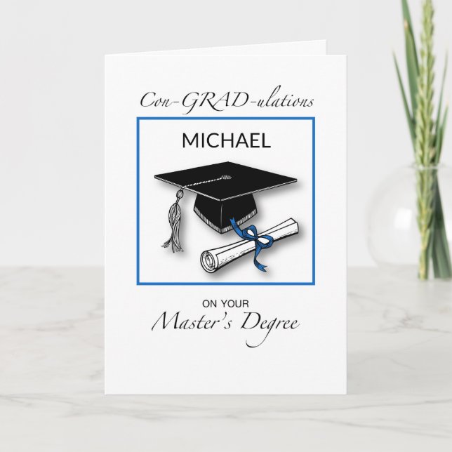 Custom Name Master's Degree Man Graduation Blue Card (Front)