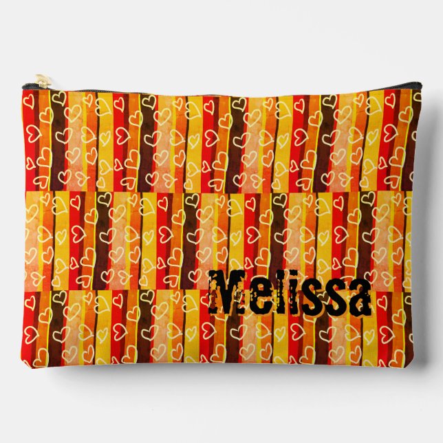 Custom Name Melissa Retro Stripes and Hearts  Accessory Pouch (Front)