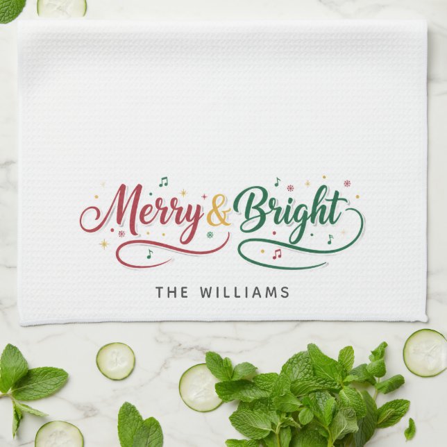 Custom Name Merry & Bright Script Minimalist  Kitchen Towel (Folded)