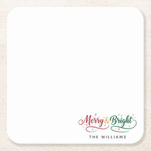 Custom Name Merry & Bright Script Minimalist Paper Square Paper Coaster