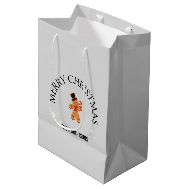 Custom name Merry Christmas gingerbread man grey Medium Gift Bag (Front Angled)